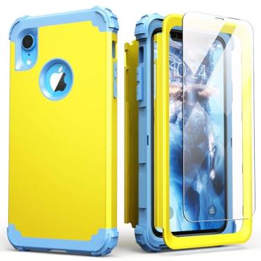 Imagem de IDweel Capa para iPhone XR, capa para iPhone XR com protetor de tela (vidro temperado), 3 em 1 à prova de choque, capa híbrida resistente de policarbonato rígido, capa de silicone macio, amarelo/azul paz