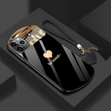 Imagem de Capa de telefone de vidro temperado oval fofa e luxuosa em forma de coração para iPhone 15 14 13 12 11 Pro Max XS X SE 8 7 Plus Capa de cordão espelhada, preta, para iPhone 15ProMax