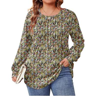 Imagem de IN'VOLAND Túnica feminina de manga comprida plus size, plissada, gola redonda, elegante, casual, solta, camiseta de outono, Floral amarelo, 54