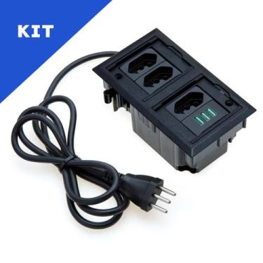 Imagem de Kit Caixas De Tomadas 4 Blocos Com 3 Tomadas 20A 3 USB Preto - CONNECT