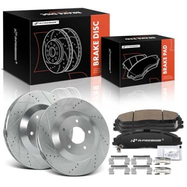 Imagem de A-Premium Rotores de freio a disco dianteiro perfurado e ranhurado de 12,80 polegadas (325,2 mm) + kit de pastilhas de cerâmica compatível com modelos selecionados Chevrolet e Cadillac - Corvette