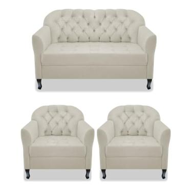 Imagem de Kit Namoradeira Recamier Sofá mais 02 Poltrona Julia Pés Luís Xv Com Botonê Quarto Sala de Estar Recepção Suede Bege - AM Decor