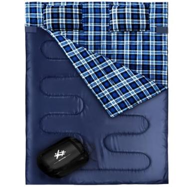 Imagem de Bolsa de dormir dupla de flanela de algodão BESTEAM para mochila, caminhada, acampamento, tamanho Queen GG! Saco de dormir para adultos ou adolescentes Cold Weather 2 pessoas. Impermeável e leve, Azul marinho