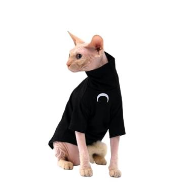 Imagem de GigglyHouse Roupas de gato Sphynx, camiseta de algodão gola rolê com estampa de lua para gatos Devon Rex Sphynx (manga comprida preta, PP)