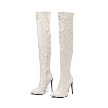 Imagem de Rock88 Botas femininas de cano alto, botas longas com salto agulha e zíper lateral, botas até o joelho para casamento e festa de aniversário, branca, 36