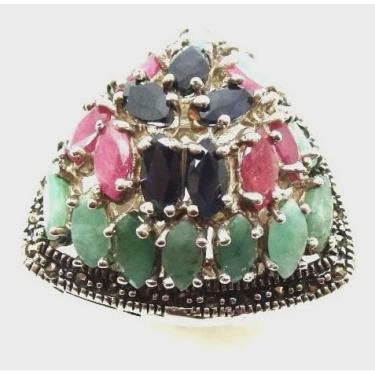 Imagem de Anel Esmeralda Natural Rubis E Safira Trilhante Prata de Le 10640