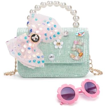 Imagem de LJCTULY Bolsa infantil para meninas com óculos de sol, bolsa transversal infantil com alça de pérola, bolsa pequena para meninas, Azul claro