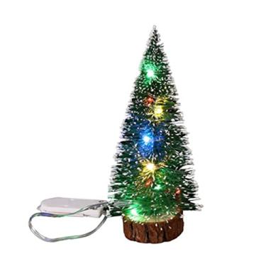 Imagem de Árvore de Natal artificial, pequena árvore de Natal, mini árvore de Natal com luz LED, base de madeira artificial, alimentada por bateria, pinho branco, decoração de mesa para fotografia de escritório
