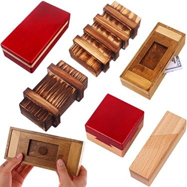 Imagem de Puzzle Box 6 Pack Wooden Secret Puzzle Box with Hidden Compartment 3D Brain Teaser Magic Drawers Secret Magic Box Wooden Box Puzzle Case Difficult Puzzle Box Gift Card Puzzle Box for Adults and Kids
