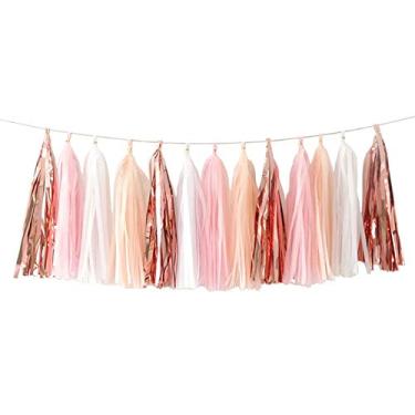 Imagem de YESON Decorações de banner de guirlanda de franja de papel de seda brilhante, kits faça você mesmo, ouro rosa, pêssego, rosa, branco, pacote com 20