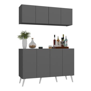 Imagem de Kit Bar Armário Aéreo E Aparador 4 Portas Retrô Multimóveis Mp1086 Grafite/branco Grafite/branco