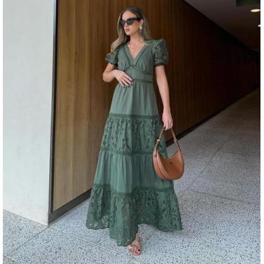 Imagem de Vestido longo com forro na cor verde com renda tamanho P - Maria Rosa