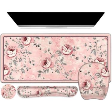 Imagem de NXZGO Mouse Pad Grande 4 Em 1, Conjunto De Apoio Para Pulso Teclado, Almofada Ergonômica Com Suporte, Tapete Mesa Bordas Costuradas, À Prova D'Água Jogos Escritório Casa, Flores Rosas Rosa
