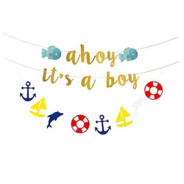 Imagem de JENSENLIN Conjunto de faixa náutica para bebês, decoração de festa Ahoy It's a Boy, tema marinheiro revelar suprimentos de festa com âncoras e navios, glitter dourado. (menino)