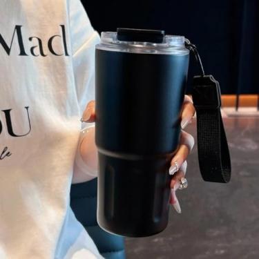 Imagem de Copo Térmico de Café a Vácuo de Aço Inoxidável 290ml/360ml/600 com Canudo e Alça(PRETO,600ml)