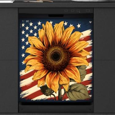 Imagem de DXTKWL Capa magnética para lava-louças, 4 de julho, bandeira americana, girassol, reutilizável, lava-louças, adesivo, capa magnética decorativa para máquina de lavar louça, painel de cobertura de