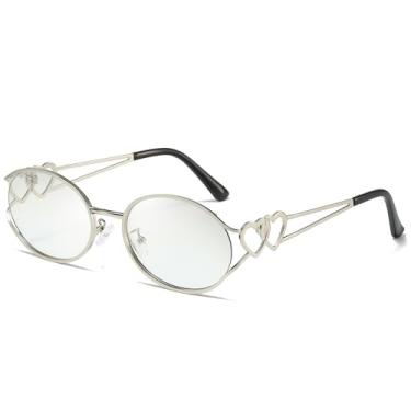 Imagem de SODQW Óculos de sol retrô ovais femininos modernos com armação de metal redonda com detalhes de coração, proteção UV, A03- Prata/Prata, M