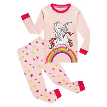 Imagem de Pijama Comprido Infantil Menina Algodão Manga Longa Unicórnio Estrelas