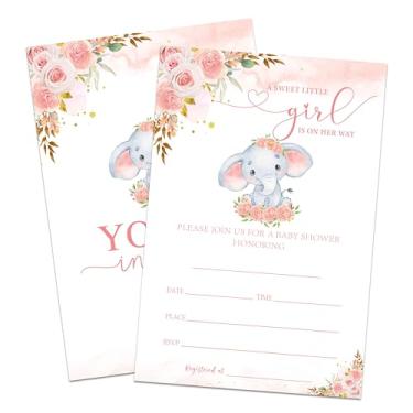 Imagem de Hsupl Conjunto de convite de chá de bebê com tema floral elefante e blush, Sweet girl is on her way 25 cartões de convite de chá de bebê com envelopes, revelação de gênero, decoração de festa de
