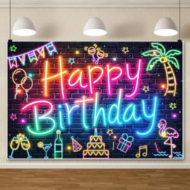 Imagem de ChloropLastid Pano de fundo neon feliz aniversário 3 x 2,4 m que brilha no escuro parede de tijolo engraçado grafite colorido legal fotografia fundo moderno decoração de mesa banner estúdio sessão de