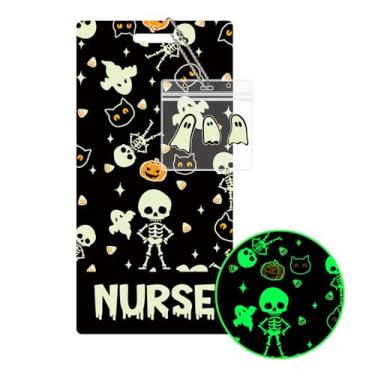 Imagem de Crachá de enfermeira, porta-cartão, caveira, assustador, dia das bruxas, brilhando no escuro, luminoso, crachá com bolsa de armazenamento, acessórios de enfermagem, hospital, trabalho, etiqueta de