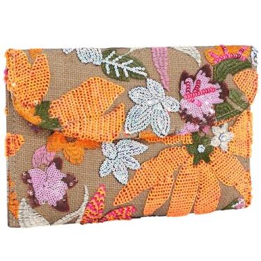 Imagem de XquiziFit Bolsa clutch feminina floral para noite para festa bordada com lantejoulas e contas, Laranja, Regular: 10.2" × 6.2"