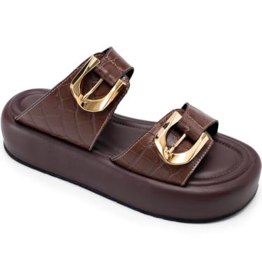 Imagem de Sandália Flatform Feminina Lumiss Croco Fivelas Dourada Confortável marrom36