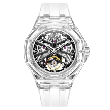 Imagem de OLEVS Relógio mecânico esqueleto para homens, esportivo, silicone, automático, com corda automática, à prova d'água, 30 m, luminoso, presente, 8002: pulseira branca e mostrador branco