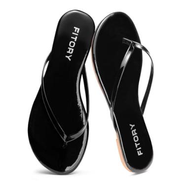 Imagem de FITORY Chinelo feminino, moda casual tanga caminhada com couro vegano, sandálias rasteiras confortáveis de verão para praia 2025 para uso interno e externo, tamanho 6-11, Patente preta, 35