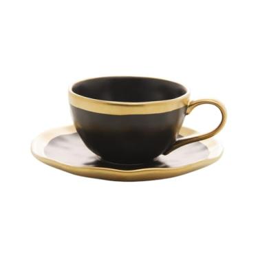 Imagem de Xícara De Porcelana Dubai Com Pires Café Chá Cappuccino Preto Com Dourado Chique Elegante (2, 200ml)