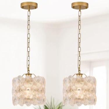 Imagem de Poemoon Pacote com 2 lâmpadas pendentes de vidro dourado moderno 1 flor pequena iluminação pendente de teto para cozinha ilha pia sala de jantar quarto entrada corredor, E26