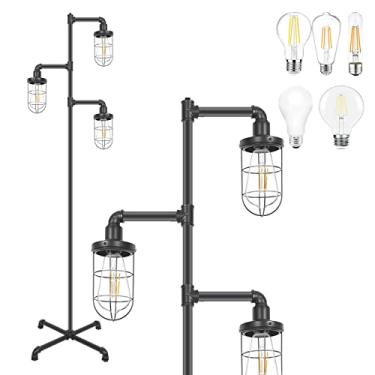 Imagem de CONCA Luminária de piso industrial de três cabeças Steampunk, lâmpada edison, persiana de gaiola (preto)