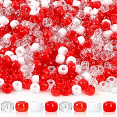 Imagem de UPINS 1200 peças de contas de pônei de plástico com glitter vermelho e branco para colar, pulseiras, brincos, fabricação de joias, suprimentos de decoração de festa de Natal, contas de cabelo
