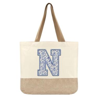 Imagem de Jeteman Sacola de lona inicial, bolsas femininas personalizadas com monograma, presente de aniversário de lua de mel para damas de honra, N, Large