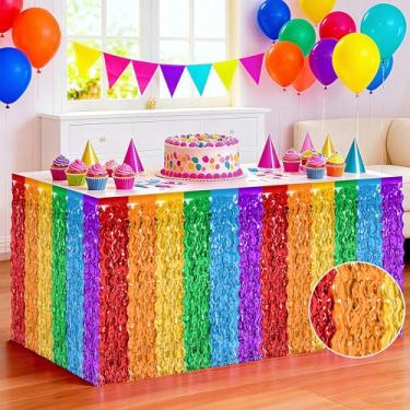 Imagem de Saia de mesa arco-íris, pacote com 2 saias de mesa, decorações de festa, saias de mesa coloridas metálicas onduladas com franjas, saia de cortina de mesa de grama arco-íris para aniversário, sala de