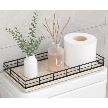 Imagem de Organizador de cesta de papel higiênico – Bandeja de vaso sanitário de madeira de freixo com estrutura de metal, parte traseira do tanque ou balcão de banheiro superior – decoração moderna preta e