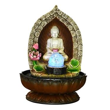 Imagem de XFNVXC Fonte decorativa de mesa para decoração de fonte de água corrente estátua de Buda decoração de paisagem aquática fonte de mesa com bola Feng Shui Rockery Fountain casa