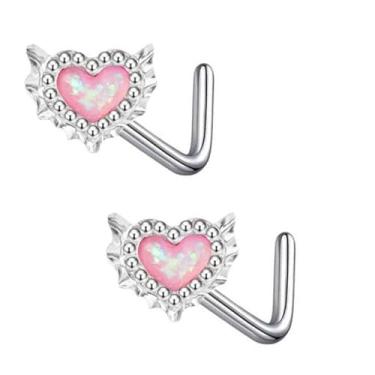 Imagem de PINKFAITH Anéis de nariz em forma de L de zircônia cúbica de coração para mulheres 16G aço cirúrgico hipoalergênico piercing joia CZ moderno exclusivo delicado presentes para ela (brincos de nariz em