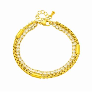 Imagem de Pulseira feminina de aço inoxidável dourado com duas correntes de strass ajustável para joias femininas, adjustable, Strass, Sem Pedra Preciosa