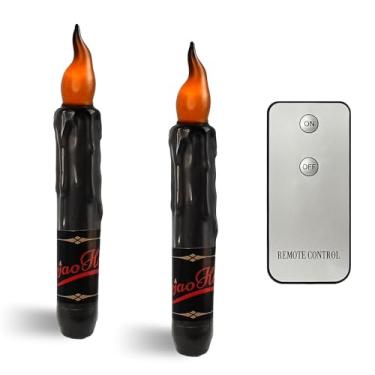 Imagem de NjaoHoo Real Wax LED sem chama velas curtas de Halloween com controle remoto, castiçais pretos de 16,7 cm, sem gotejamento, operado por bateria, chama, rústico, primitivo, luzes sem chama, decoração