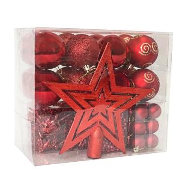 Imagem de Kit Decoração Natalina, 44 Peças com Estrela Vermelha, Bolas Decorativas, Festão e Cordão de Pérolas para Árvore de Natal
