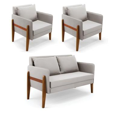 Imagem de Kit 1 Sofá Namoradeira E 2 Poltronas Lana Veludo Base De Madeira - D'rossi Cor Cinza