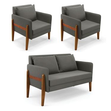 Imagem de Kit 1 Sofá Namoradeira E 2 Poltronas Lana Suede Base De Madeira - D'rossi Cor Grafite