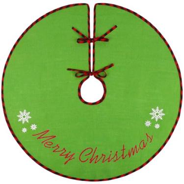 Imagem de MACTING Saia de árvore de Natal pequena tapete de serapilheira de 76 cm com borda xadrez vermelha e preta de búfalo, estampa de feliz Natal, para decoração de Natal, verde