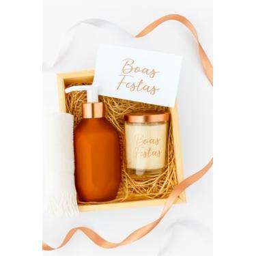 Imagem de Kit de Natal Boas Festas com cartão fita de cetim Rose Gold .Presente Luxuoso com Vela Aromática Vanilla tampa Rose Gold Dispenser Pum-up Ambar e Toalhinha higiênica Branca, Caixa de Madeira,
