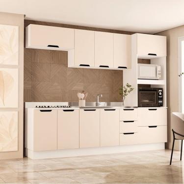 Imagem de Cozinha 5 Peças Balcão 3 Gavetas 4 Portas Aéreo Basculante Torre Quente Sem Tampo Meena Branco-creme