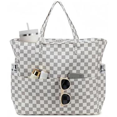 Imagem de LEDAOU Bolsa feminina grande para praia, impermeável, à prova de areia, com zíper, para piscina, academia, mercearia, viagem, com bolso molhado, Cinza quadriculado, Large