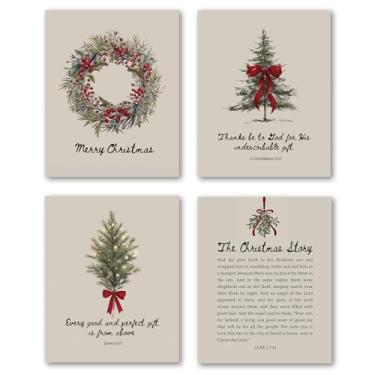 Imagem de XWELLDAN Farmhouse Religiosa Cristã Verso da Bíblia Árvore de Natal Guirlanda Arte de Parede Visco Decoração Decorações, 20 x 25 Sem Moldura Conjunto de 4