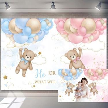 Imagem de 2,1 x 1,5 m de fundo revelador de gênero de bebê dourado estrela azul e rosa balões nuvens ursos fotografia fundo ele ou ela gênero recém-nascido revelar decoração de festa o que será o bebê pano de