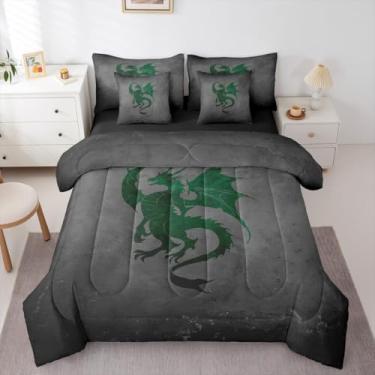 Imagem de Feelyou Conjunto de edredom de dragão com 7 peças, tamanho Queen, verde, cinza, dragão, para crianças, meninos, meninas, mágica, misteriosa, para decoração de quarto de animal, respirável, macio e